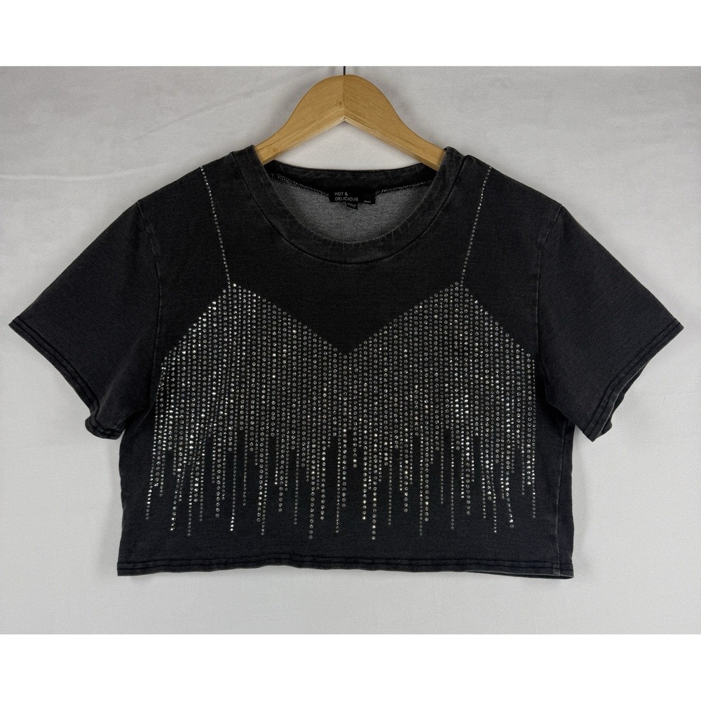 Hot & Delicious Women S Black Cropped T Shirt Rhinestone Bralette Y2K Bling